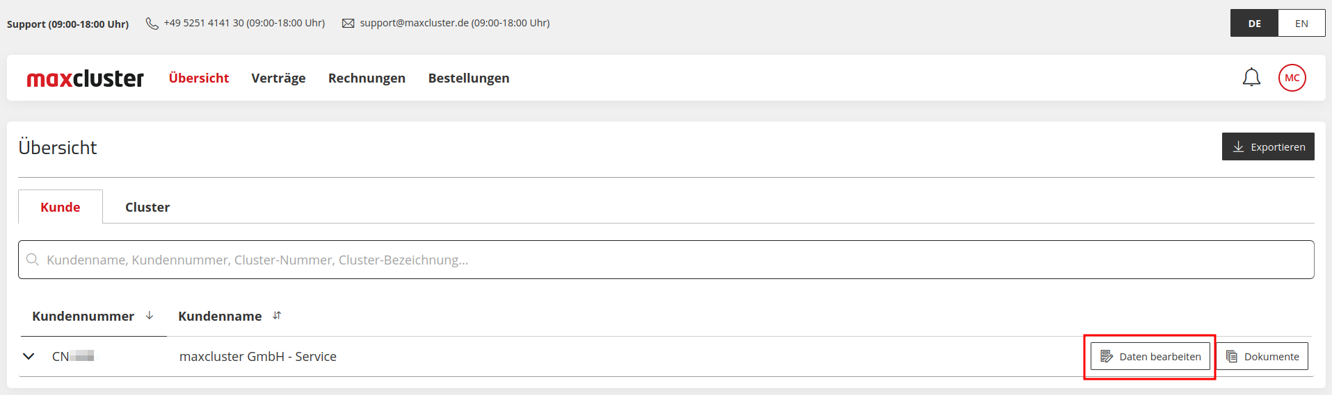 Application Center - Übersicht Kunde - Daten bearbeiten