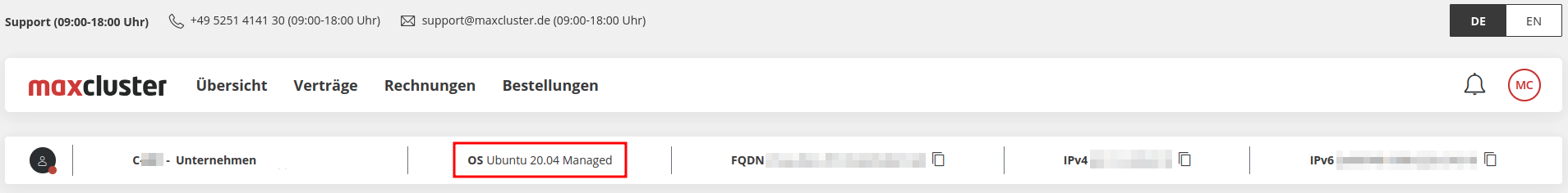 Managed Center - aktuelle Ubuntu-Version in der Informationszeile