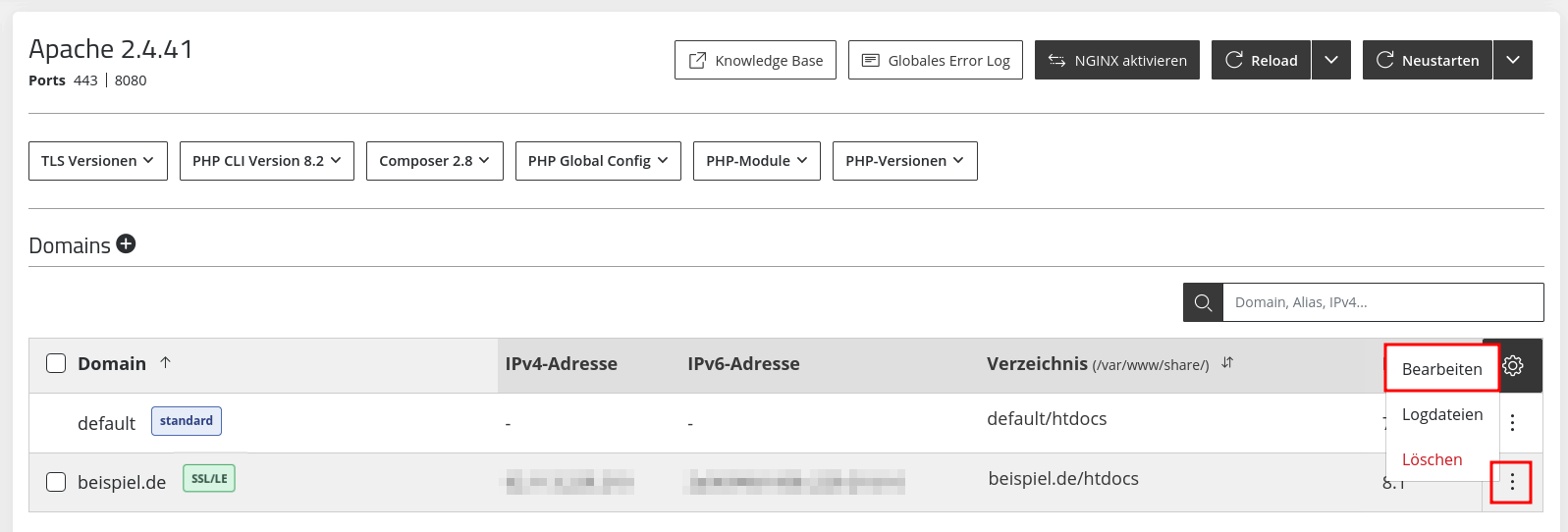 Managed Center - Webserver - Apache - Domain - Menü - Bearbeiten