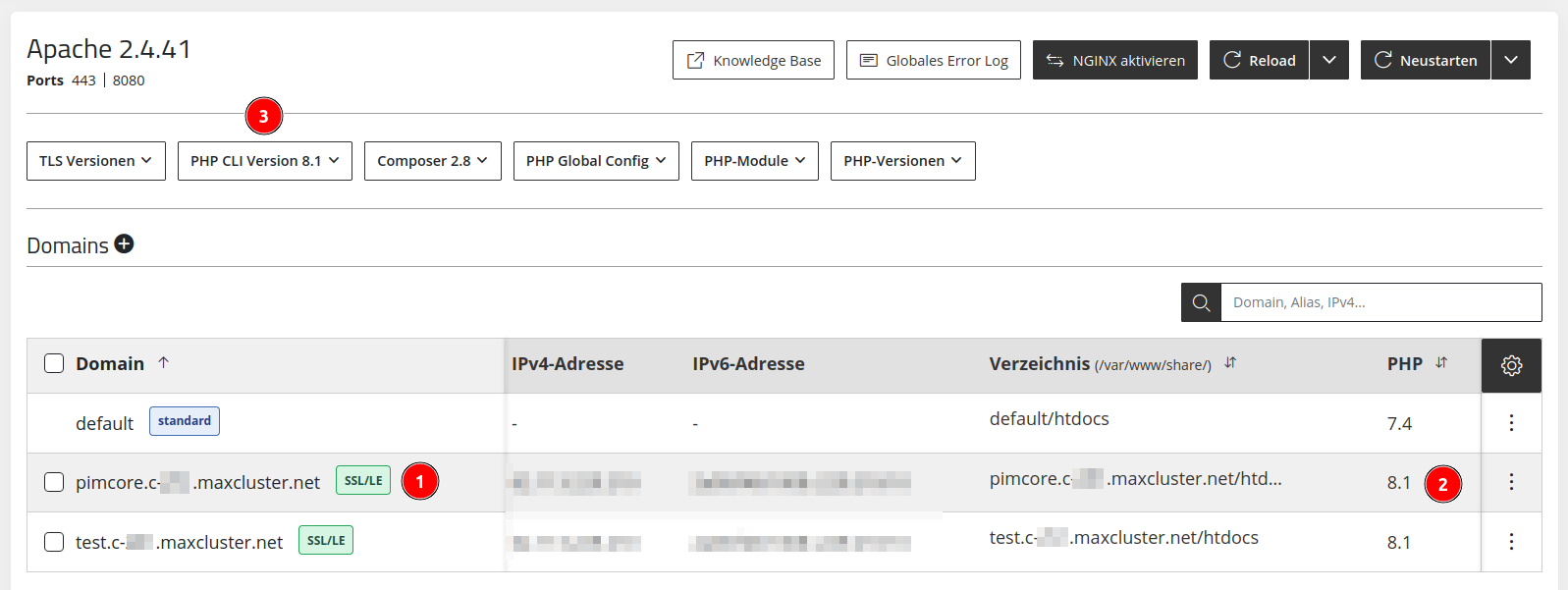 Managed Center - Webserver - Apache - PHP-CLI-Version Domain