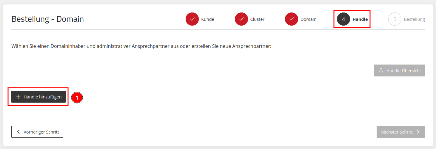 ApplicationCenter - Bestellungen - +Domainbestellen - Handle  -Handle hinzufügen