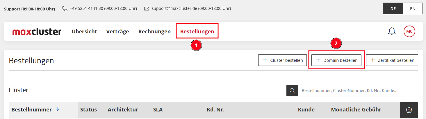 Application Center - Bestellungen - +Domain bestellen