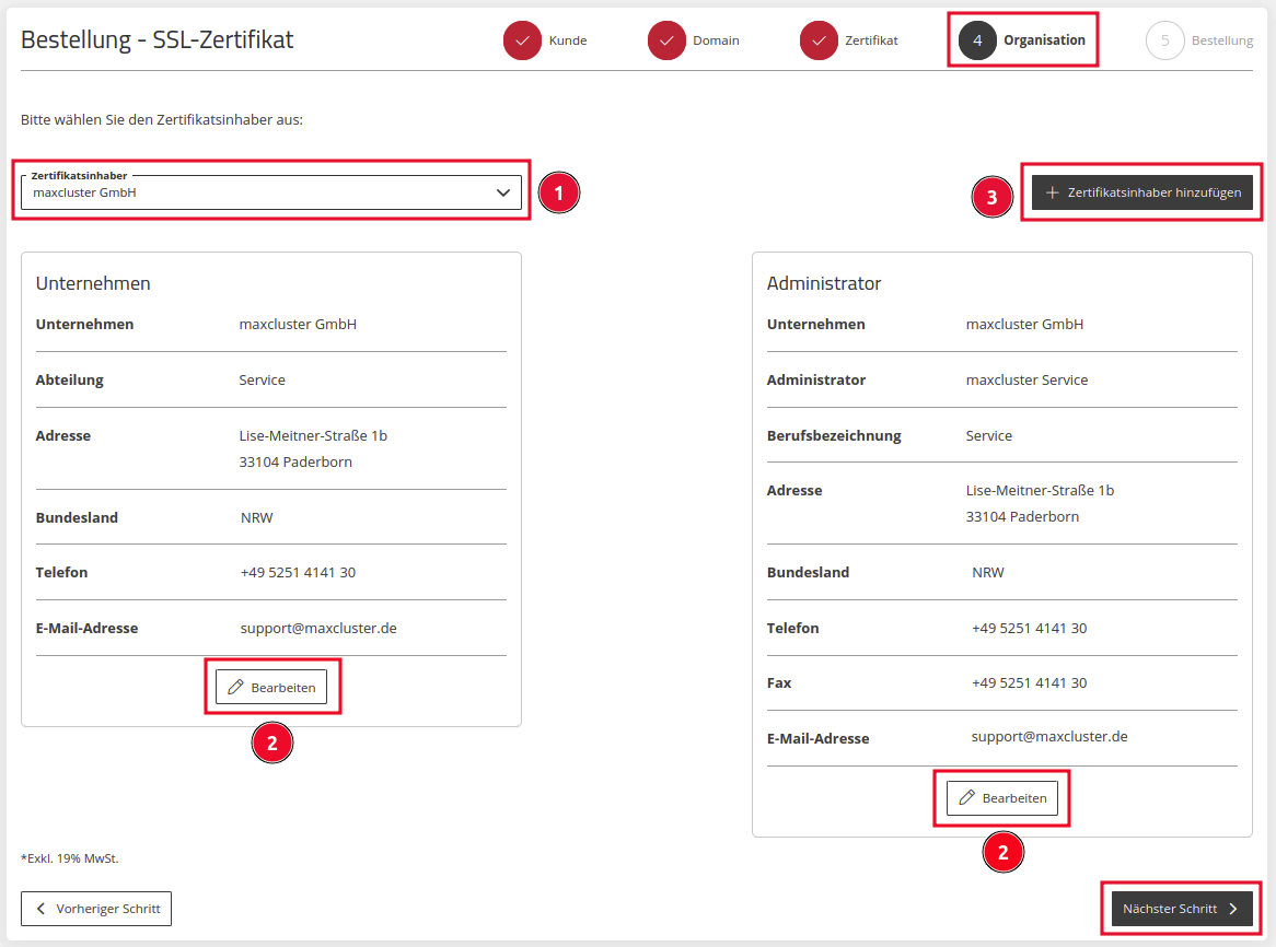 Application Center - Bestellungen - +Zertifikat bestellen - Organisation - Zertifikatsinhaber