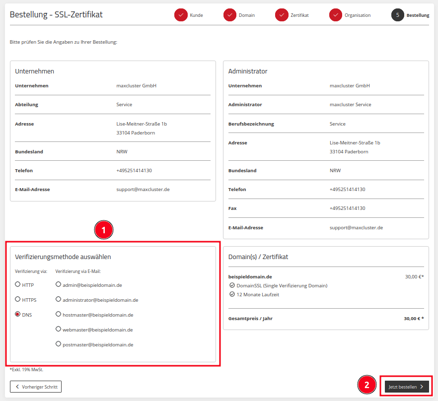 Application Center - Bestellungen - +Zertifikat bestellen - Verifizierungsmethode auswählen