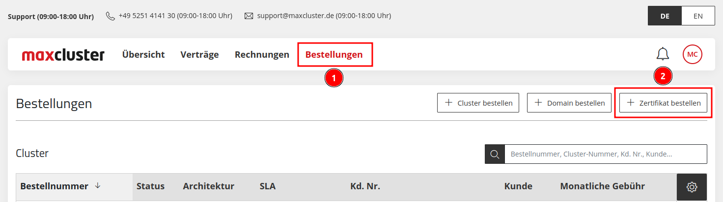 Application Center - Bestellungen- +Zertifikat bestellen